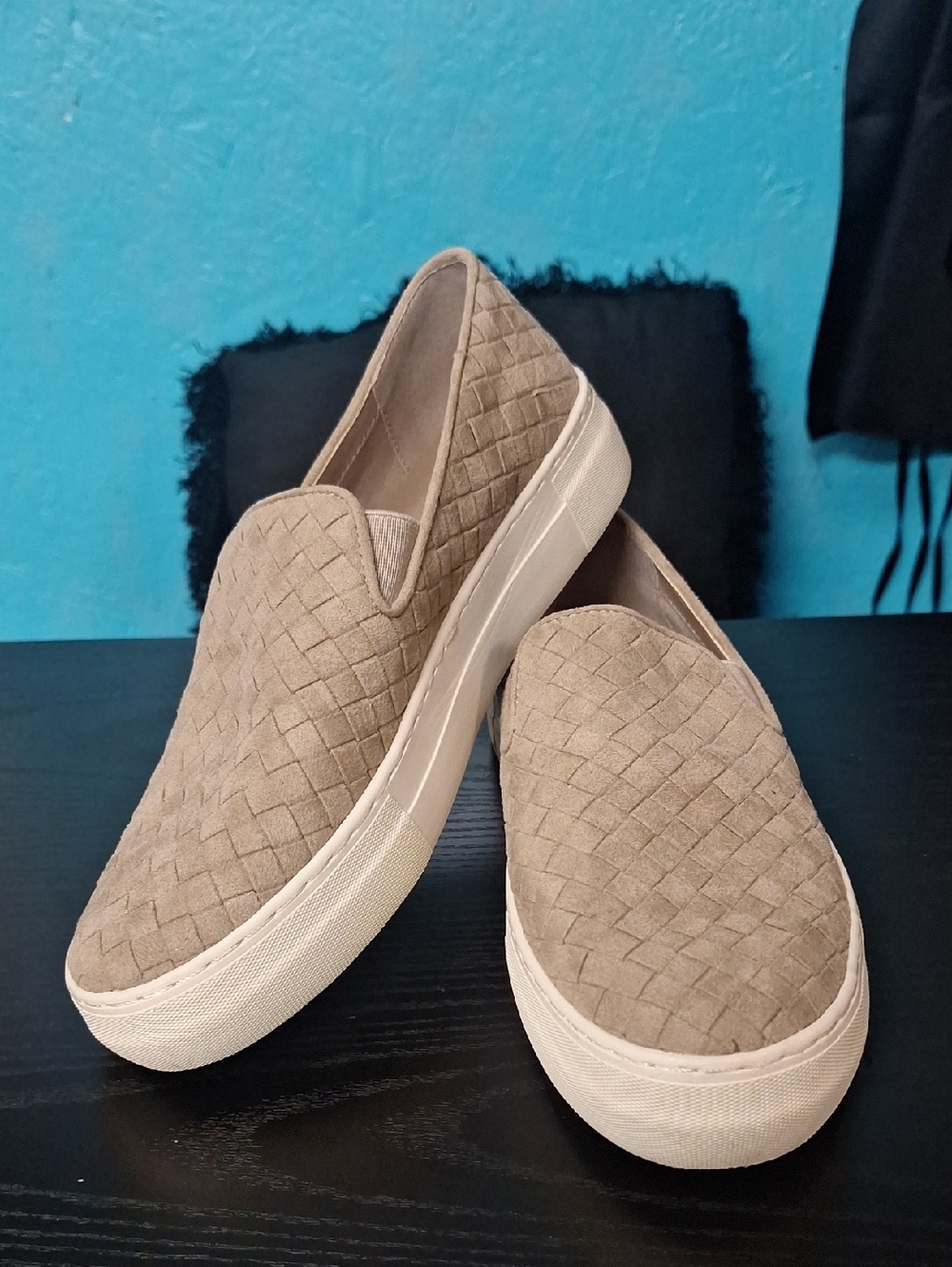 Vince Camuto Woven Slip-On Moccasins in Taupe
